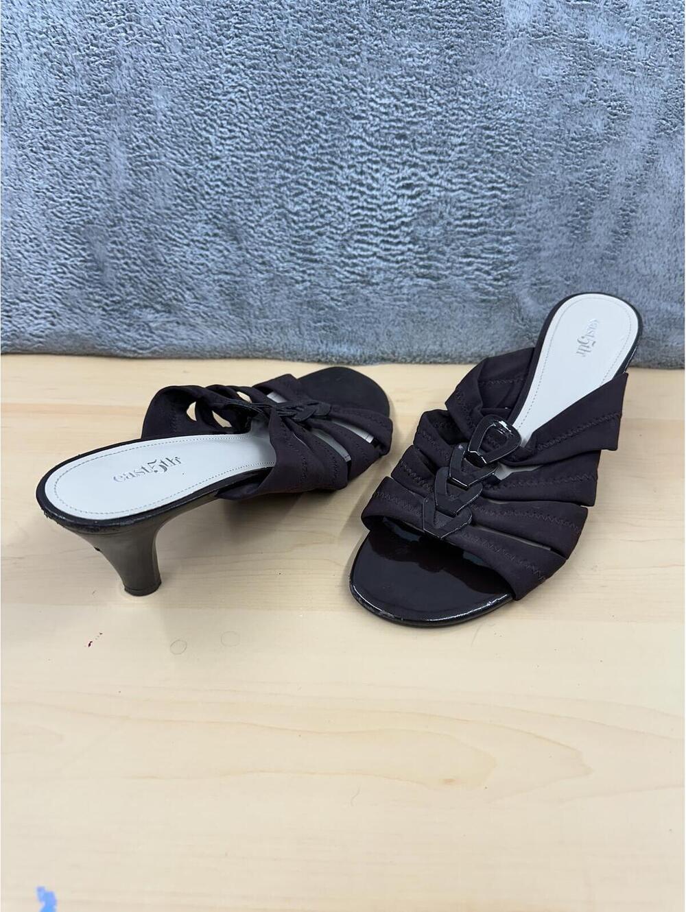 East 5th Black Ruched Mule Heeled Sandals Y2K Party Glam Open Toe Kitten Heel